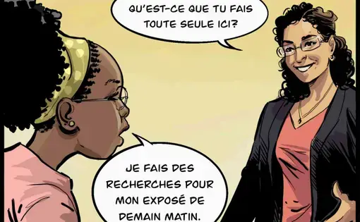A comic frame shows one young woman talking to another in French. "What are you doing here all alone?" "I'm doing research for an exposee tomorow."
