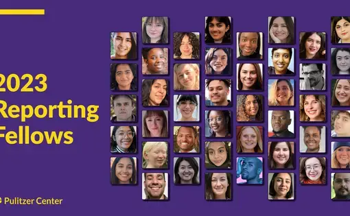 A graphic showing the faces of the 2023 reporting fellows class against a purple background.