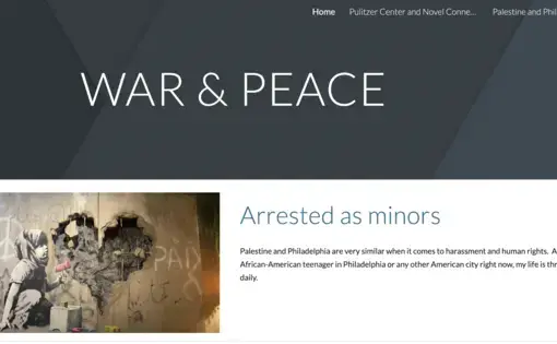 Screenshot of a student-created website titled "war and peace" and featuring a table of contents and an image of graffiti art on a building.