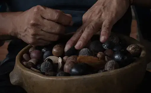 A wooden bowl full of seeds used in adornments.