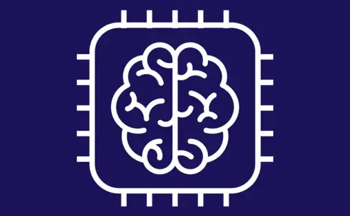 a navy and white icon with a simple line drawing of a brain inside of a square