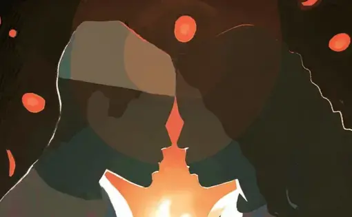 Illustration shows man and woman forehead to forehead
