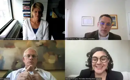 Four people speak on Zoom.