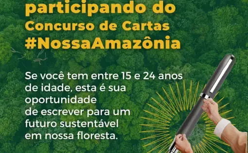poster showing hands holding writing utensils overlaid on a rainforest foliage background