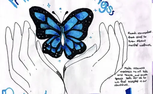A drawing of hands with a butterfly between them surrounded by the text "Find your Wings, Protect our teens"