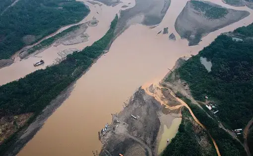 A bird's eye shot of the murky rivers of the Amazon.