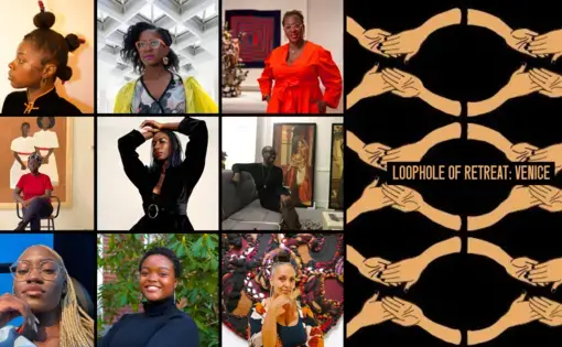 Portraits of nine people in a gridded format (left); Loophole of Retreat: Venice flyer (right)