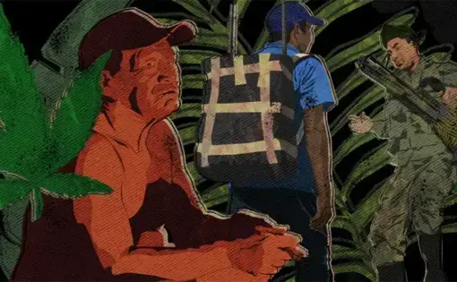 Illustration of a cannabis leaf, a man wearing a cap sitting, a man with a backpack taped to his back, and an armed military person.