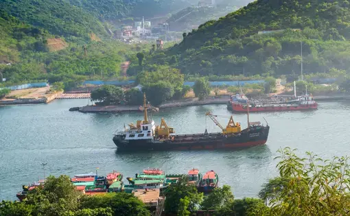 Visakhapatnam, India. Top view of Gangavaram port with cargo ships.