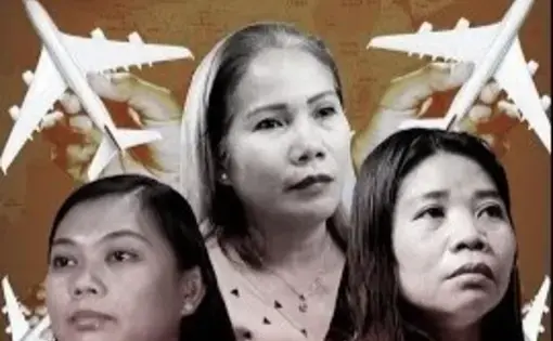Three women's faces on a graphic with airplanes. "How diplomats use diplomatic immunity to get away with domestic worker exploitation" Video