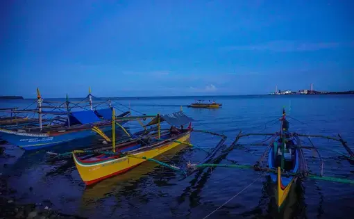 Blue and yellow fishing boats lined up at dusk