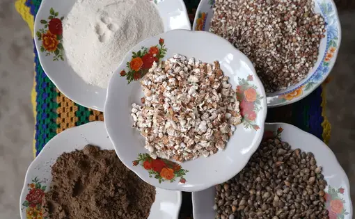 Plates full of of various grains.