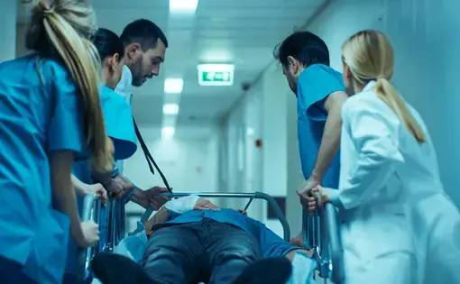 Doctors and nurses rush a patient on a gurney down a hospital hallway.
