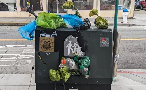 A trash can overflowing with dog poop bags. San Francisco, CA, USA July 24, 2023. Image by paulaah293/Shutterstock