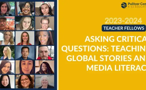 Yellow background with the title of the blog and headshots for the 18 teacher fellows stacked in a grid