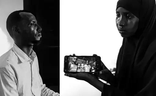 A diptych image showing a side profile of a man on the left and a woman holding a phone with an image of her nephew on the right