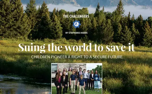 "Suing the World To Save It" text overlaying Montana's rocky mountain and evergreen tree landscape. Collage with a group photo of young people.