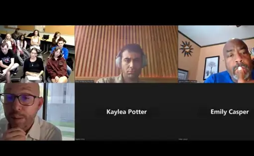 A Zoom grid of a class and online individual participants.