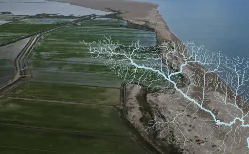 Thumbnail image of a river delta with an overhead river outline superimposed