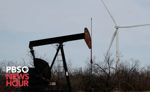 "Texas goes green: How oil country became the renewable energy leader" PBS NewsHour video thumbnail, showing drilling and wind turbine