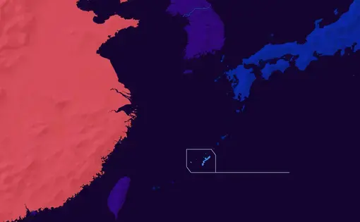 map of okinawa in between mainland China (pink) and Japan (blue) against a purple background