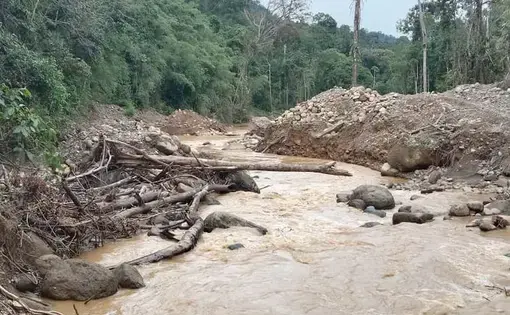 logs in a river contained by mining