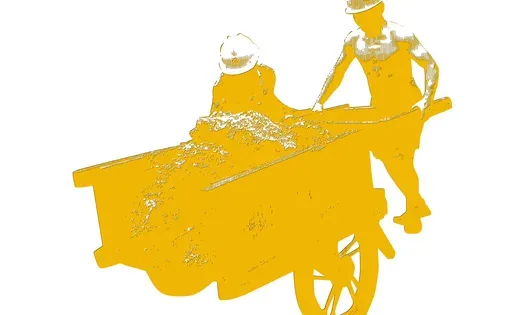 yellow halftone illustration of two construction workers moving a wheelbarrow of dirt