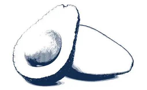 navy halftone illustration of a halved avocado