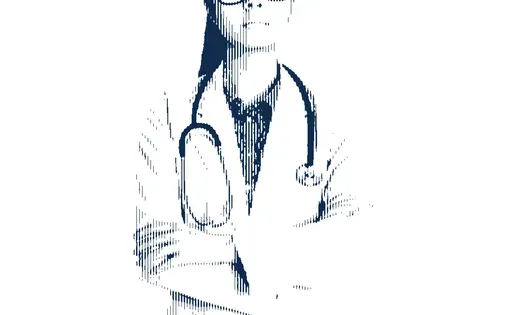 navy halftone illustration of a female doctor with her arms crossed