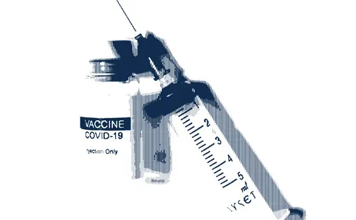 navy halftone illustration of a vaccine and needle