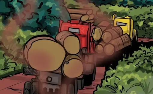 illustration of a line of three trucks loaded with logs driving through a forested dirt road