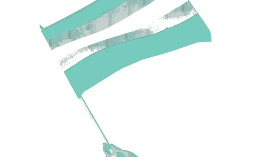 teal halftone illustration of a hand holding a pride flag