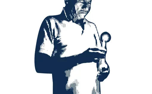 navy halftone illustration of a man holding a lit candle
