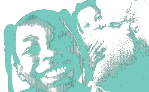 teal halftone illustration of two children, one holding up a teddy bear