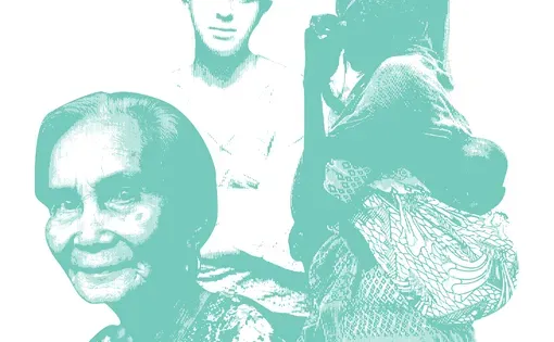 Three women grouped together: an elderly woman smiling, a transwoman with her arms folded, and a woman holding her headscarf with a baby strapped to her back.