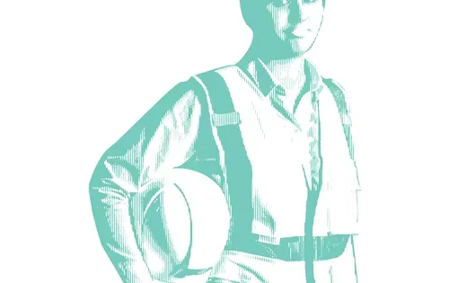 teal halftone illustration of a construction worker holding a helmet under their arm