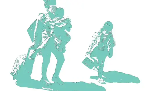 teal halftone illustration of a family carrying luggage and walking