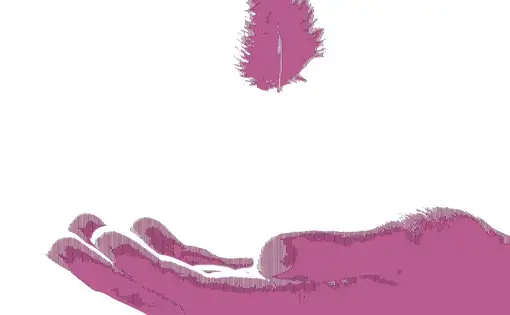 pink halftone illustration of a hand underneath a floating feather