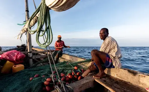 Dar es Salaam, Tanzania - March 2023: Local fishermen are in the process of fishing on an old boat. Image by Anton Yulikov/Shutterstock.