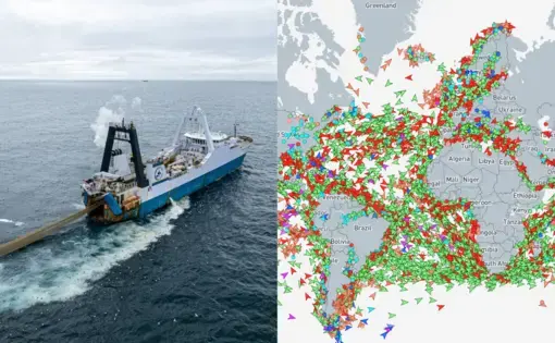 Photo of boat and image of shipping routes map