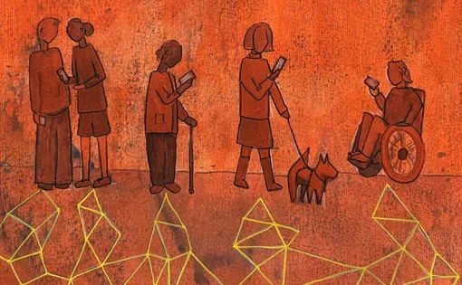 The illustration shows people from all walks of life looking at their phones, to show connection to the internet and digital accessibility.  Image courtesy of Jamillah Knowles &amp; Reset.Tech Australia / Better Images of AI / People with phones / CC-BY 4.0.