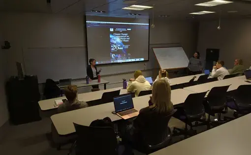 Stephanie Hanes presents to a classroom