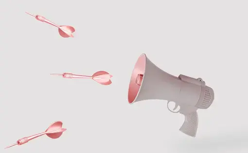 Stylized graphic. Pink arrows fly out of a white bullhorn.