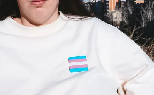 a person in a white sweatshirt wearing a blue, white and pink transgender flag pin. Image by Angel Herrezuelo H/Shutterstock.