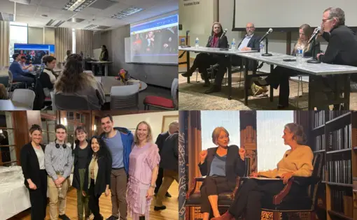 A collage of people standing together and in classrooms.