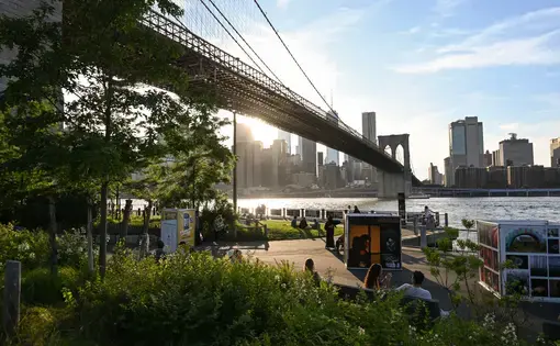 A view of Photoville exhibits underneath Brooklyn Bridge from Emily Warren Roebling Plaza in Brooklyn Bridge Park. Photo by Grace Jensen. United States, 2024.