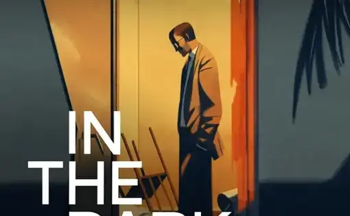 In the Dark podcast cover art- illustration of a man in a doorway