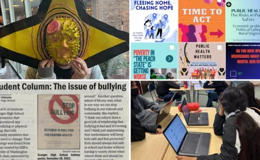 A composite image of four five student projects that were created in the teacher fellowship program in spring 2024. The top left image is a student-created mask, the top right image is a composite of instagram posts, the bottom left image is a student-written article published in a local newspaper, and the bottom right photos reflect high school students working in their classroom
