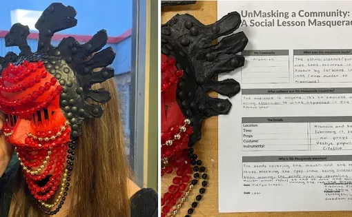 A composite image of a student-created mask and the worksheet the student used to design the mask based on their analysis of global reporting.
