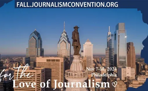 Image of the Philadelphia skyline with the overlaid text "For the love of journalism"